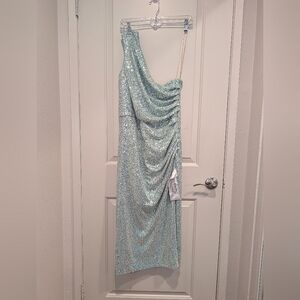 Dress the Population Black Label Martine One-Shoulder Ruched Sequin Blue Dress